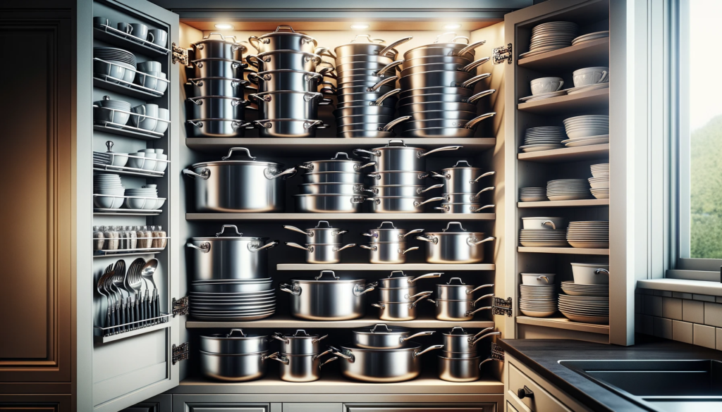 Image illustrating the proper storage of All-Clad cookware, emphasizing adequate spacing, no stacking, and protective barriers to prevent metal-on-metal contact.

