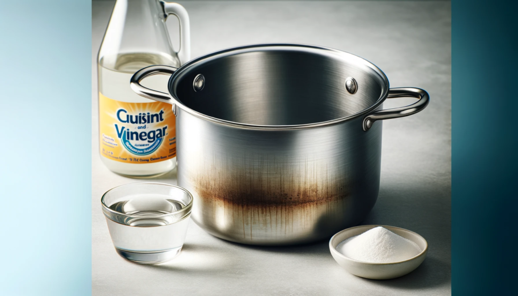 Illustration demonstrating the process of removing discoloration from a Cuisinart stainless steel pan – boiling vinegar solution, applying baking soda paste, gentle scrubbing, and cautiously using steel wool if needed.

