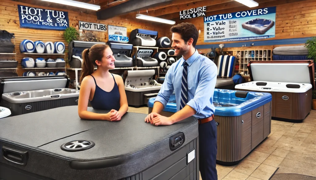 A customer discussing hot tub covers with a knowledgeable staff member inside a well-lit hot tub retailer. Various hot tub covers are displayed, ranging from basic to deluxe models. The atmosphere is friendly and informative, with hot tubs and accessories in the background.