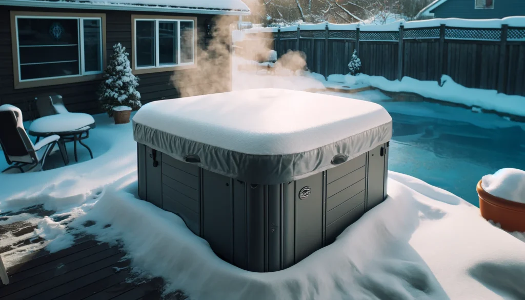 A hot tub in a snowy Buffalo backyard with a high-quality, well-insulated cover. Snow is piled around the tub, and steam rises from inside, showing the importance of insulation during winter. The durable cover highlights the value of investing in quality to retain heat and protect against cold weather.