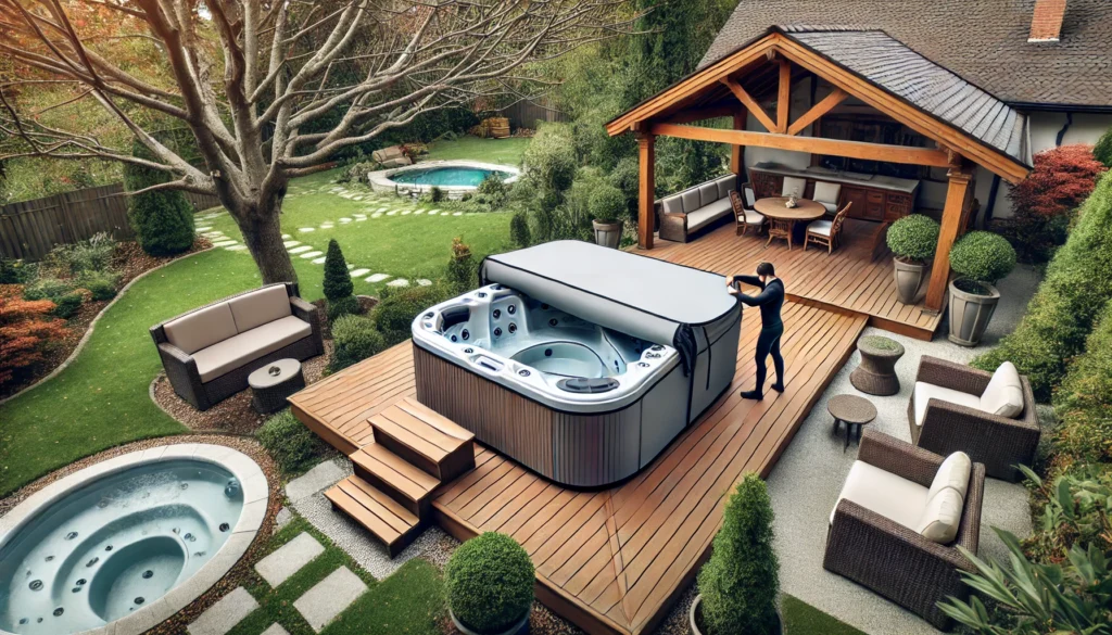 A custom-made hot tub cover being placed on an oddly shaped hot tub in a landscaped backyard. The cover fits perfectly, showcasing craftsmanship and precision, with surrounding trees emphasizing the need for reinforced covers. The scene highlights the tailored fit and attention to detail.