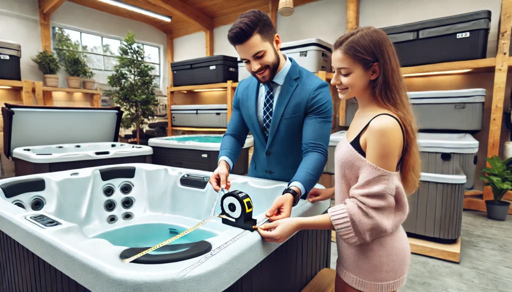 A staff member at a hot tub store helping a customer measure a hot tub for a new cover. The focus is on precise measurements of length, width, corner radius, and skirt length, with a measuring tape in hand. The store has hot tubs and covers on display, emphasizing the importance of accurate measurements.