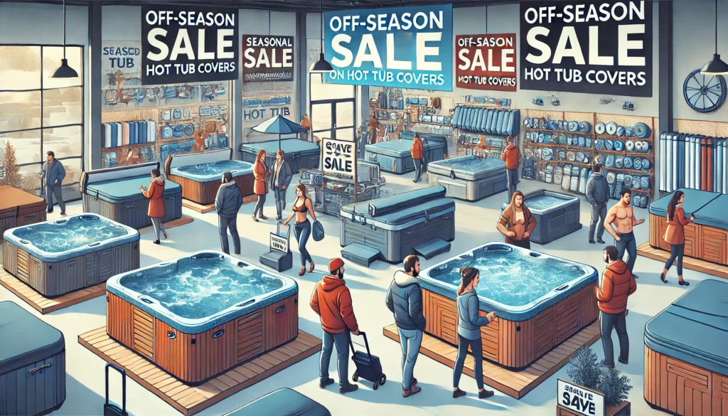 A hot tub store showcasing a seasonal sale with discount signs on hot tub covers. Customers browse the discounted covers, with banners promoting off-season deals. The atmosphere is lively, emphasizing the excitement of finding quality products at a bargain.