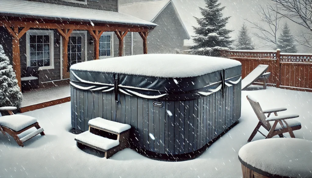 A durable hot tub cover made of marine-grade vinyl protecting a hot tub in a snowy backyard. The cover has a tapered design to allow snow and rain to run off, with dense foam insulation providing protection against harsh weather.