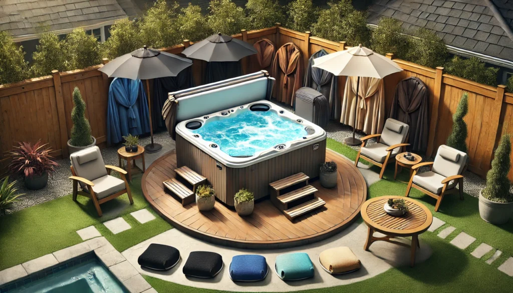 A backyard hot tub with different cover colors displayed. One cover is a darker shade, absorbing more sunlight, while another is lighter, reflecting light. The scene highlights how color choice affects heat absorption and durability.