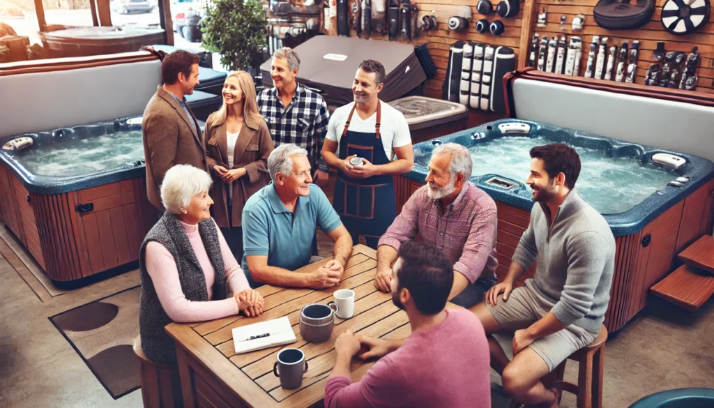 A group of hot tub enthusiasts gathered at a local store in Buffalo, exchanging tips and advice about hot tub maintenance and covers. The atmosphere is friendly and welcoming, with hot tubs and accessories on display, highlighting the camaraderie of the community.