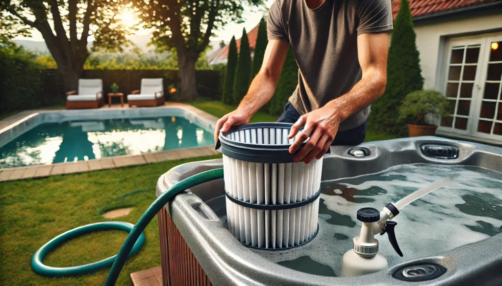 A person cleaning a hot tub filter with a chemical solution in a backyard. The filter is submerged in a bucket of cleaning solution, while a garden hose is nearby, ready for rinsing. Trees and a clear sky provide a peaceful, outdoor backdrop.