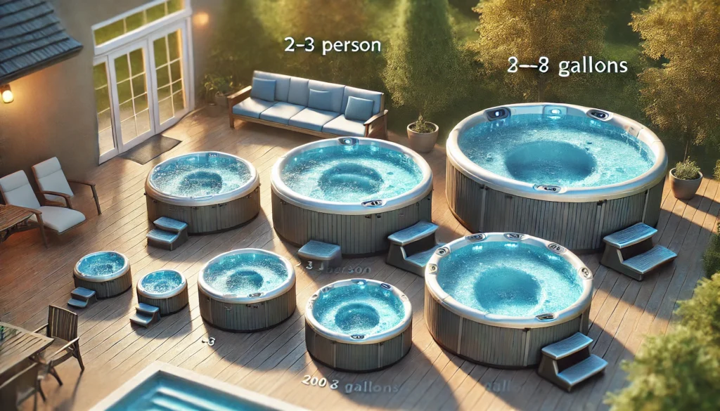 Different sized hot tubs showcasing a variety of capacities from 200 to 900 gallons, set in a tranquil outdoor environment with greenery in the background.