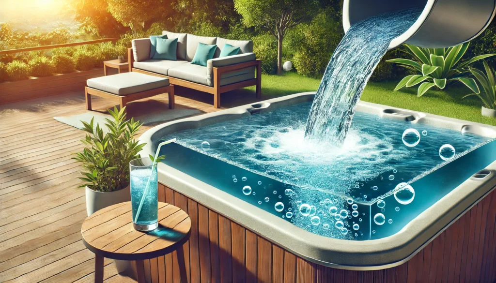 Modern hot tub being filled with clear blue water, with bubbles forming and greenery in the background, evoking a relaxing outdoor setting.