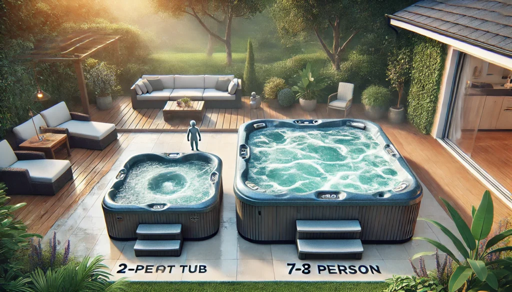 Side-by-side comparison of a small 2-person hot tub and a large family-sized hot tub, both filled with bubbling water, set in a relaxing outdoor patio area。