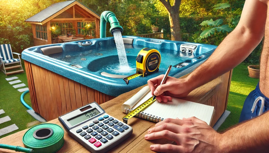 Person measuring the length, width, and depth of a hot tub with a tape measure, using a notepad and calculator to determine the capacity, while a hose with a flow meter fills the tub in a peaceful backyard setting.