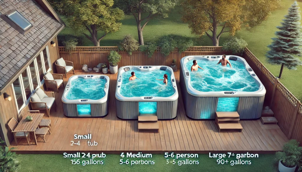 Three different sizes of hot tubs, ranging from a small 2-4 person tub to a large 7+ person tub, in a backyard setting with bubbling water and greenery, illustrating the variation in capacity from 150 to over 900 gallons