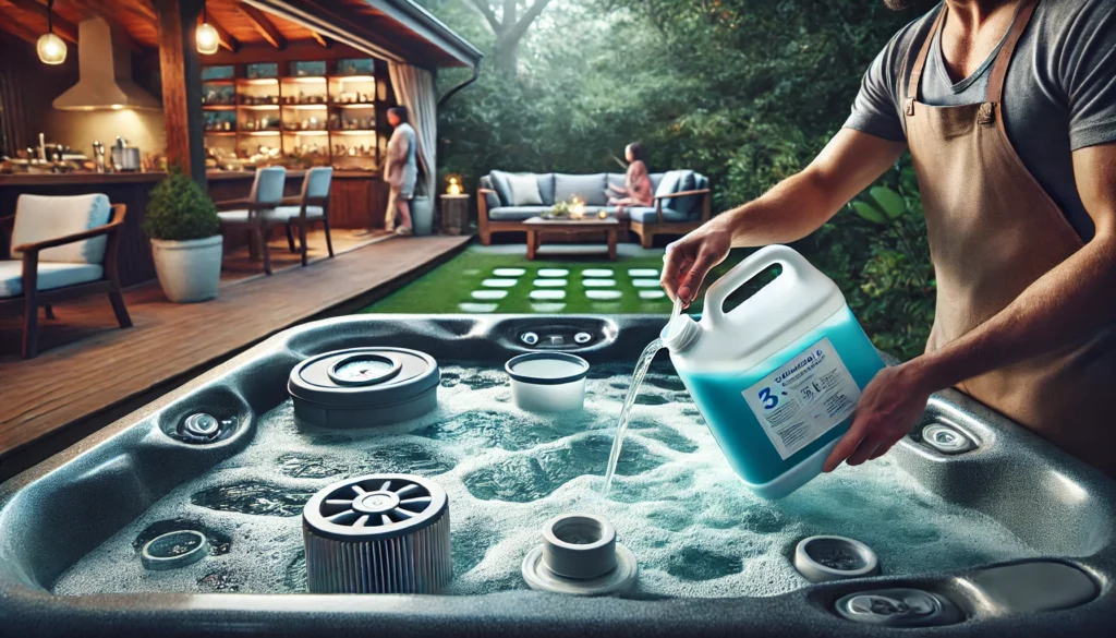 Person adding chemicals to a hot tub with a measuring scoop, monitoring the water level and filter system in a backyard setting with bubbling water and greenery.