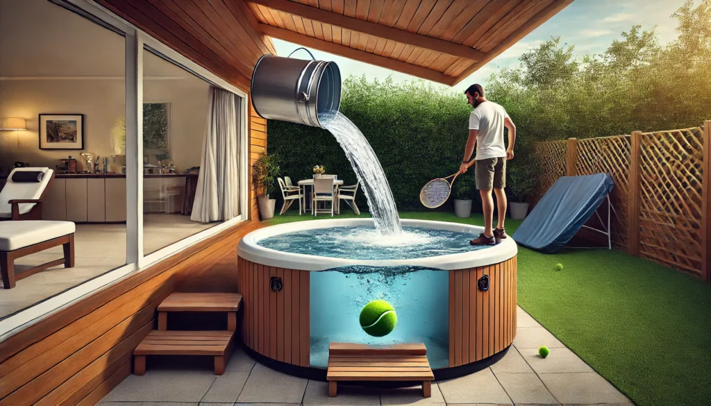 Hot tub being filled with water just above the highest jet, with a person managing the water level in a backyard setting, a cover leaning on the side, and a tennis ball floating in the water.