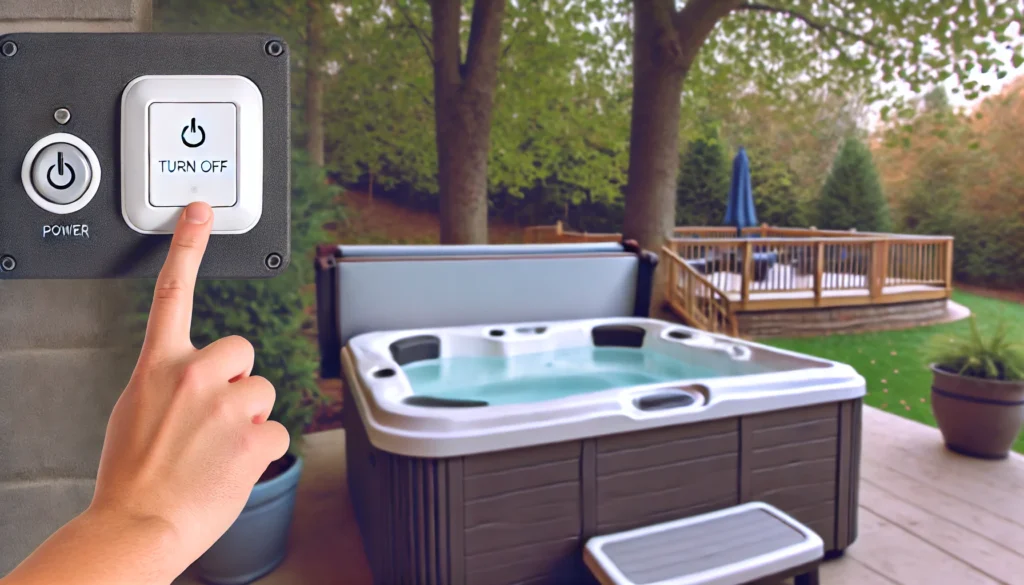 A person using the control panel to turn off a backyard hot tub, surrounded by a serene outdoor setting with trees and a deck in the background."