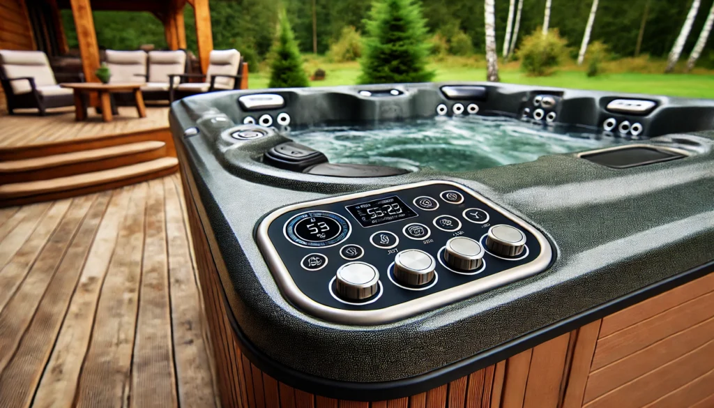 A close-up of a hot tub control panel in a serene backyard setting, featuring buttons for temperature, jets, and lights. The panel is mounted on the edge of the hot tub, with trees and a wooden deck visible in the background, creating a peaceful outdoor ambiance.