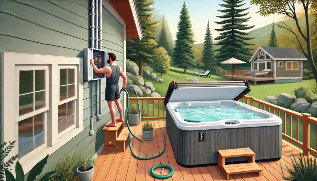 A person safely turning off a hot tub in a peaceful backyard. The hot tub is partially drained with a garden hose attached to the drain valve, while the person flips the circuit breaker on an electrical panel. The scene includes a wooden deck, trees, and a hot tub cover ready to be placed over the tub.