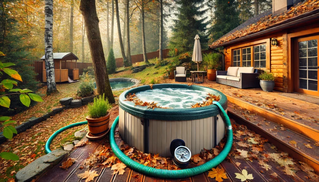 A backyard hot tub during the fall or winter season, partially drained with a garden hose attached to the drain valve. The surrounding trees are shedding leaves, and fallen leaves scatter across a wooden deck, indicating seasonal maintenance and preparation for the off-season.