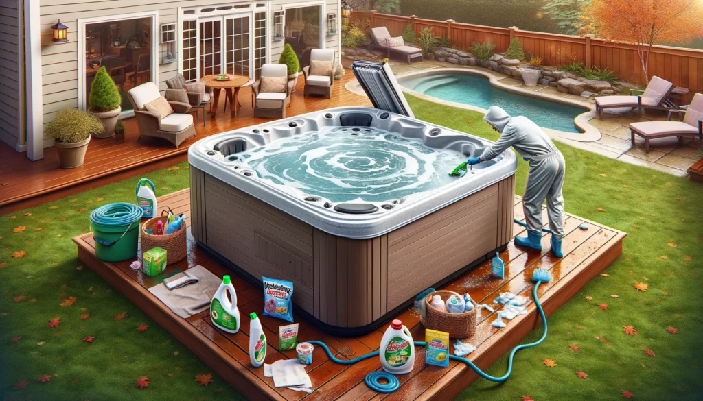 A backyard scene with a hot tub safely covered, showing proper shutdown precautions. A person is handling chemicals carefully while wearing gloves and eye protection, with a hot tub manual visible on a table nearby. The power switch is turned off to emphasize electrical safety. Fall leaves are scattered around the well-maintained yard, highlighting seasonal preparation.