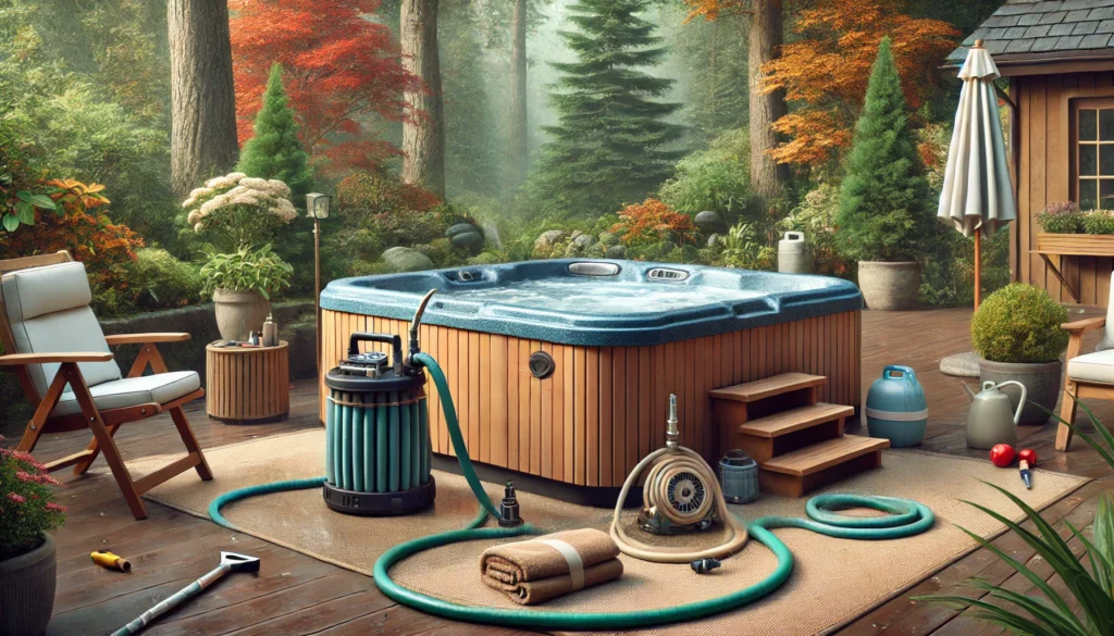 A serene backyard scene featuring a hot tub being winterized. The hot tub is partially drained with a garden hose attached, and tools such as a submersible pump and towels are nearby. Colorful fall foliage adds to the atmosphere, highlighting preparation for the colder months.