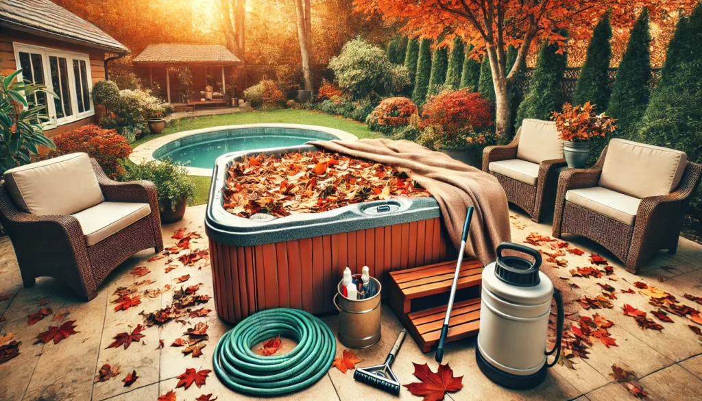 A serene backyard scene featuring a hot tub with its cover securely placed, highlighting the importance of properly winterizing the tub to protect it from freeze damage during colder months.