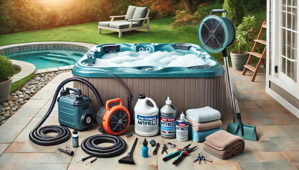 A serene backyard scene featuring a hot tub, surrounded by essential winterizing supplies including a submersible pump, blower, non-toxic antifreeze, spa cleaning solution, microfiber cloths, garden hose, and tools like pliers and a screwdriver, neatly arranged near the partially covered hot tub.