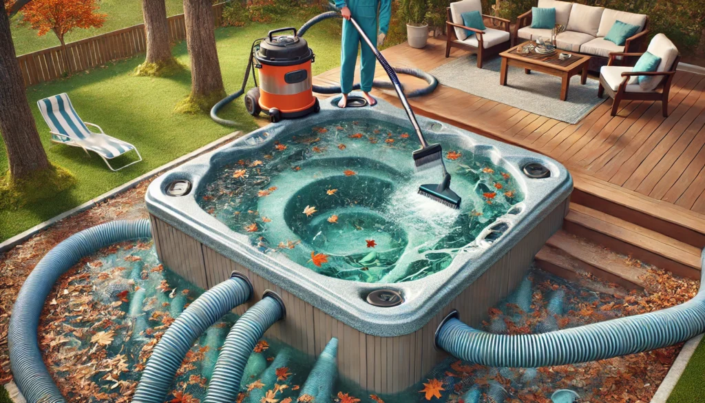 A detailed scene of a backyard hot tub being cleaned and drained for winter preparation, with a person using a submersible pump and shop vac to remove water, surrounded by trees and leaves being skimmed off the water with a net.