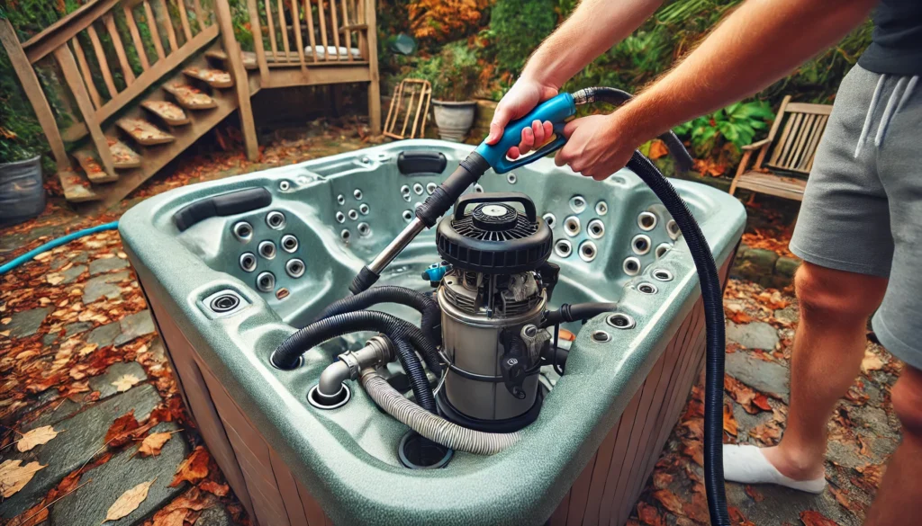 A detailed backyard scene of a person using an air compressor to blow out the plumbing lines of a hot tub, ensuring all water is removed to prevent freezing during winterization.