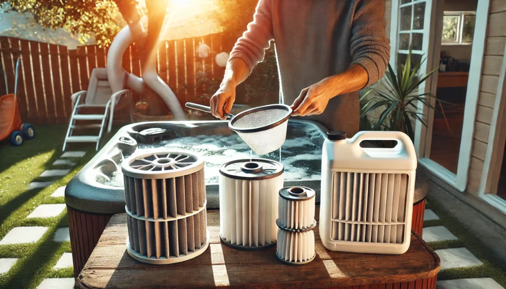 A backyard scene showing a person carefully removing and cleaning hot tub filters, with some filters soaking in a cleaning solution and others drying in the sun, highlighting the winterization process.