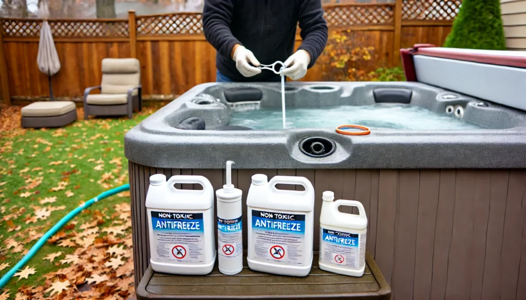 A backyard scene showing a person applying non-toxic antifreeze to the hot tub's filter area, main drain, and jet lines, surrounded by bottles of spa-specific antifreeze. The atmosphere reflects approaching cold weather with autumn leaves on the ground and cloudy skies.