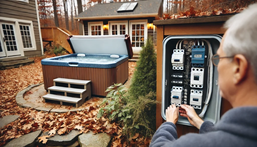 A backyard scene with a person turning off the power at the breaker for a hot tub, preparing it for winterization. The hot tub is partially covered and visible in the background, with fallen autumn leaves and a cool, cloudy sky.