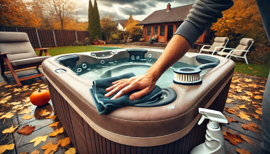 A backyard hot tub with its cover being thoroughly cleaned. A person is wiping the cover with a cloth, using a cleaning solution, and paying attention to the edges. Autumn leaves are scattered around, and the cloudy sky suggests preparation for winter. The hot tub cover is partially off, revealing a well-maintained tub underneath.