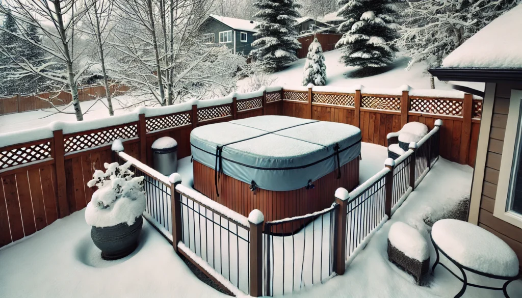 A backyard hot tub with its cover tightly secured, using straps and locks, surrounded by shrubs and a small windbreak structure to shield it from winter winds. Light snow is accumulating around the tub, ensuring it's well-prepared for the cold season.