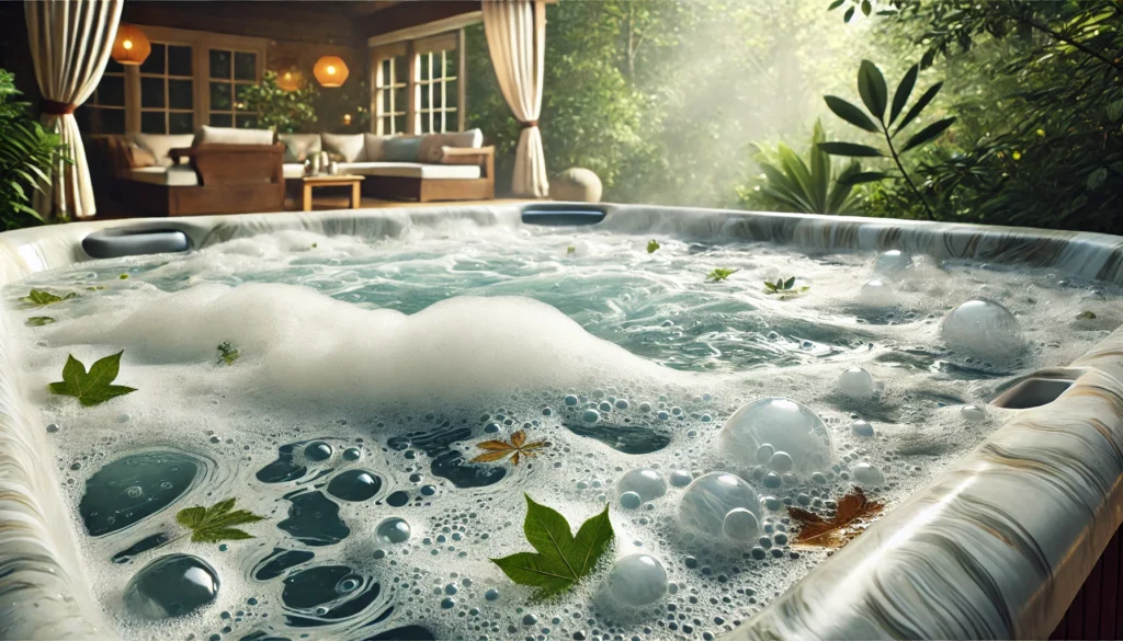 A close-up of a hot tub with foam forming on the water's surface in a peaceful backyard setting, showing bubbles and slight cloudiness due to chemical imbalances and organic matter like leaves and pollen floating in the water.