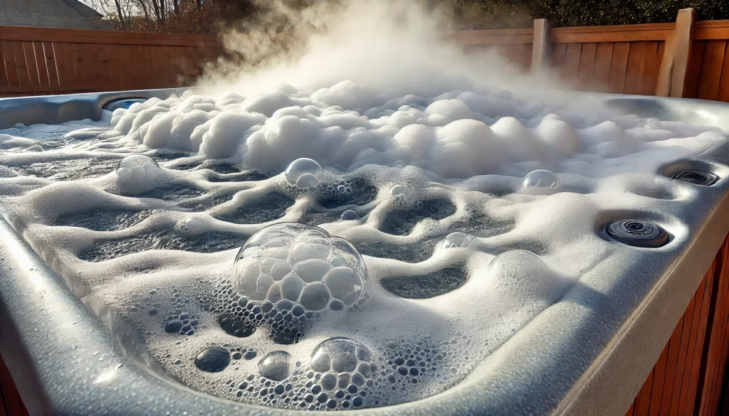 Close-up image of a hot tub with bubbling foam on the surface, showing reduced surface tension causing bubbles to form and persist. The scene is set in a peaceful backyard with light steam rising, demonstrating the natural bubbling effect from the jets and the accumulation of foam.