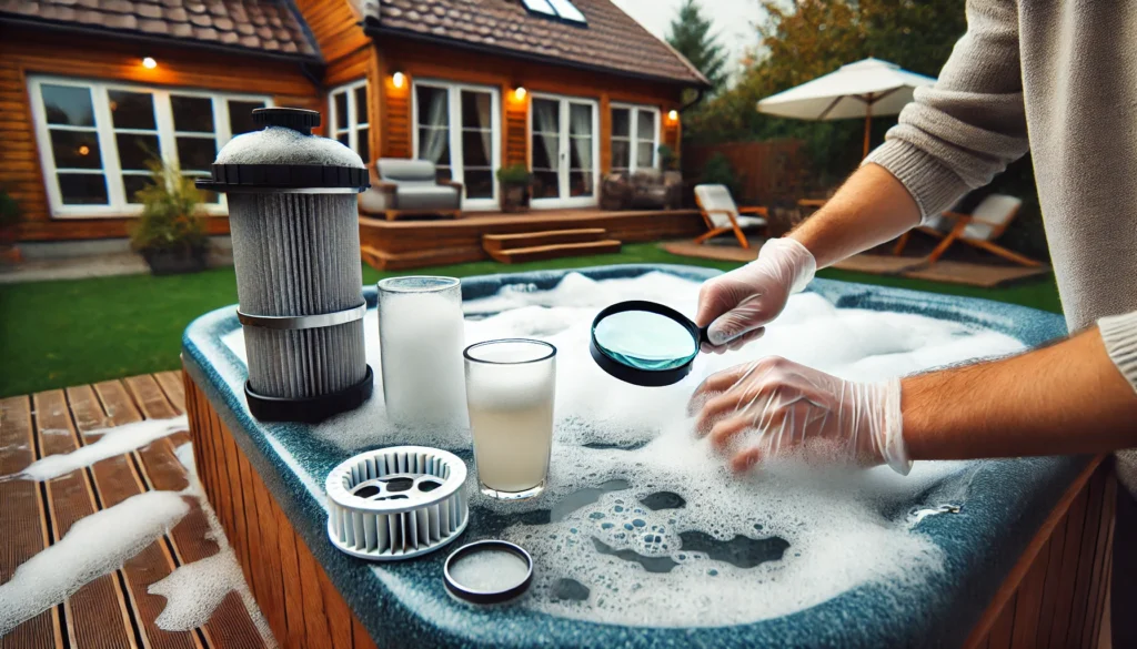 A person inspecting the water in a hot tub, which shows foam and an oil slick on the surface. A test kit and filter are nearby, and a worn cover is visible on the side in a backyard setting.

