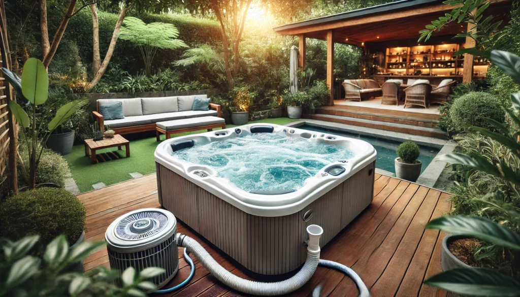 A peaceful backyard scene featuring a clean hot tub with jets running, surrounded by greenery and a wooden deck, emphasizing proper filtration and clear water maintenance.