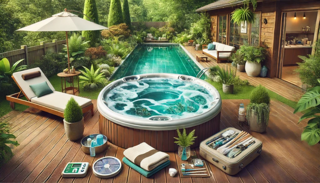 A clean, well-maintained hot tub in a serene backyard, surrounded by greenery and wooden decking, with crystal-clear water and visible maintenance tools nearby.