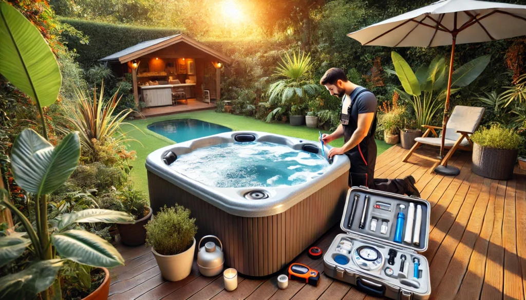 A backyard hot tub scene where a professional technician is inspecting the hot tub's water quality. The technician stands beside the hot tub surrounded by lush greenery, testing equipment and tools are laid out nearby, and the hot tub water appears slightly foamy.