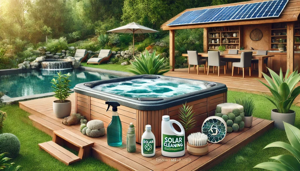 A serene backyard hot tub scene emphasizing eco-friendly maintenance practices, featuring a solar-powered cover, natural cleaning products, enzyme-based cleaners, and a mineral purifier surrounded by lush greenery