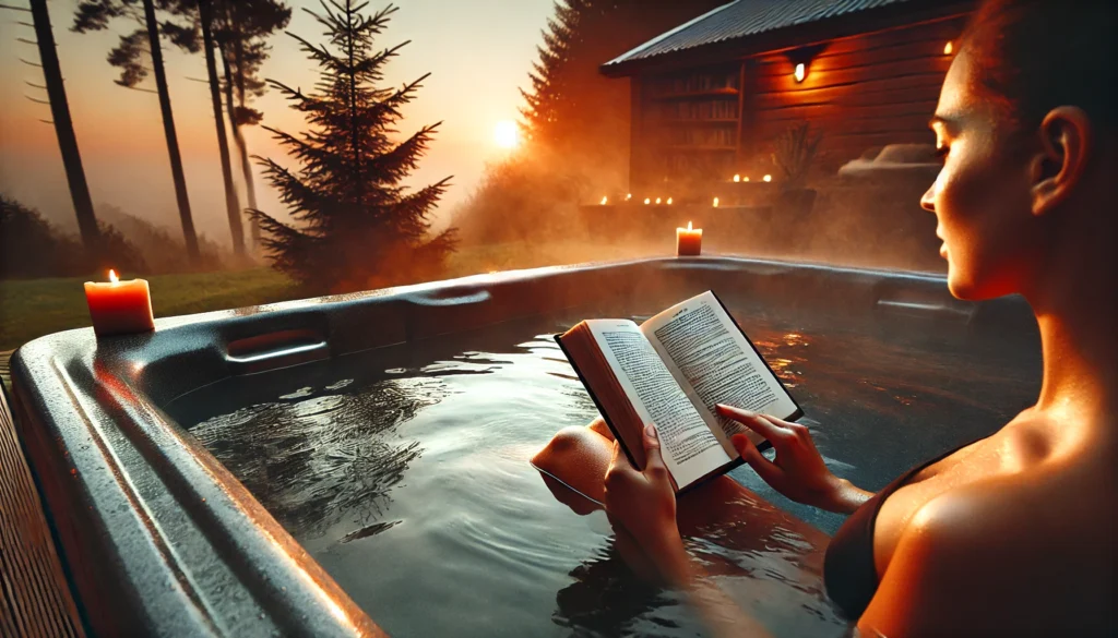 Person relaxing in a hot tub with a book at sunset, steam rising from the water.
