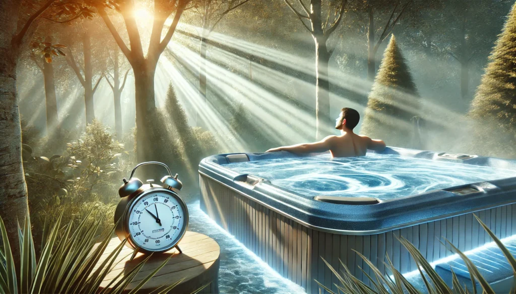 Floating thermometer in a hot tub showing 100-104°F with a person relaxing in warm water.

