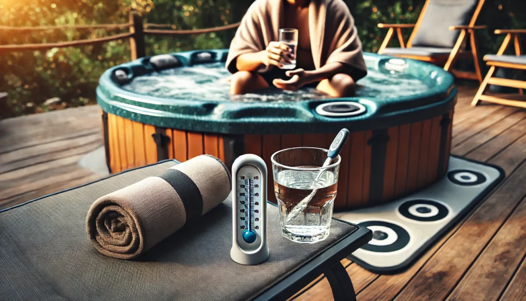 Person safely sitting in a hot tub outdoors, holding a glass of water with a thermometer visible in the water.