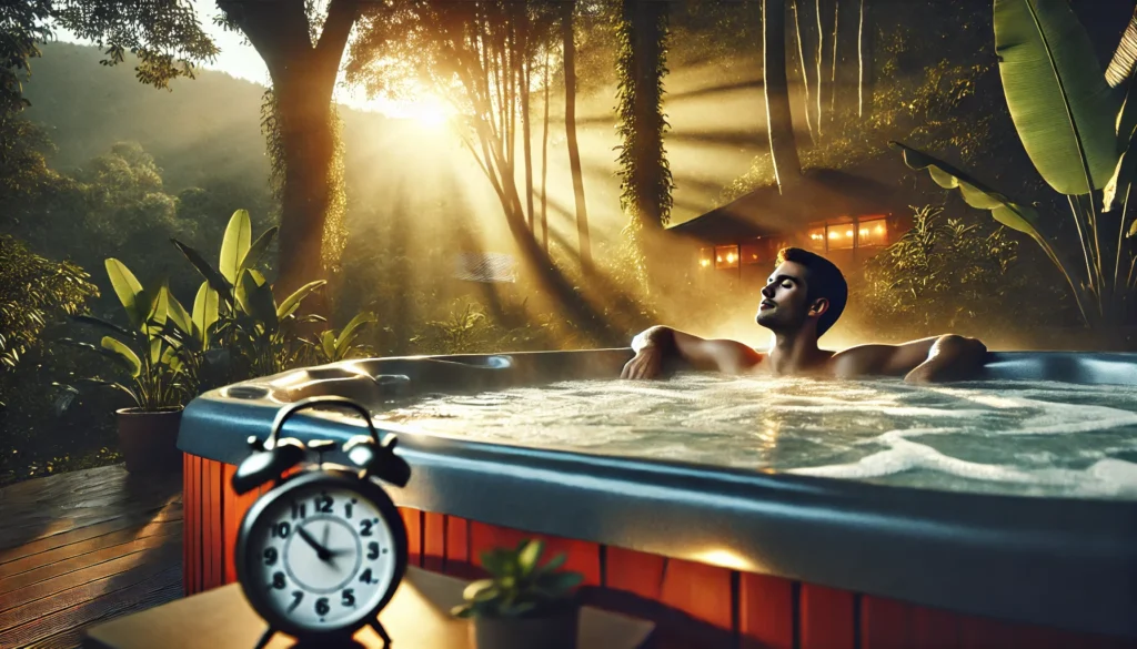 Person relaxing in a hot tub outdoors with a serene nature backdrop and a clock nearby.