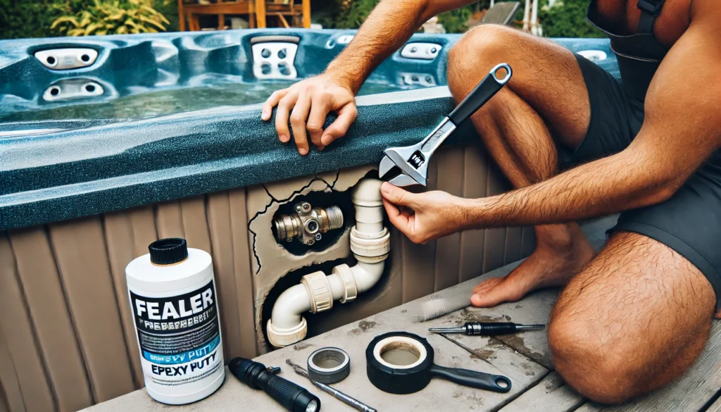 Close-up of hands tightening a pipe fitting on a hot tub during a DIY repair, with tools like a sealant and epoxy putty nearby