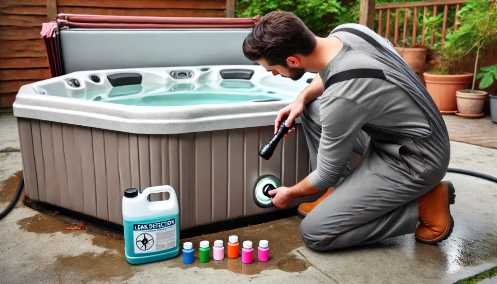 Person inspecting the base of a hot tub with a flashlight, using food coloring to detect a leak, in a calm backyard setting.