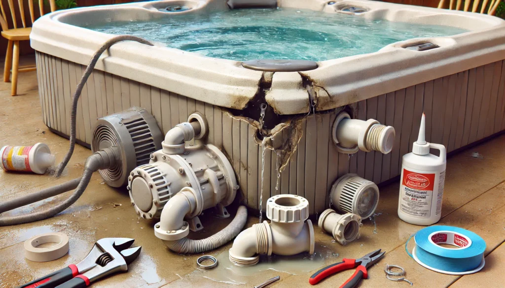 Close-up of common causes of hot tub leaks, showing loose fittings, cracked pipes, worn-out pump, and a small shell crack, with tools nearby.