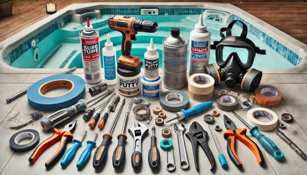 Various tools and materials for hot tub leak repair, including screwdrivers, wrenches, sealants, epoxy putty, and safety equipment like gloves and a respirator mask.