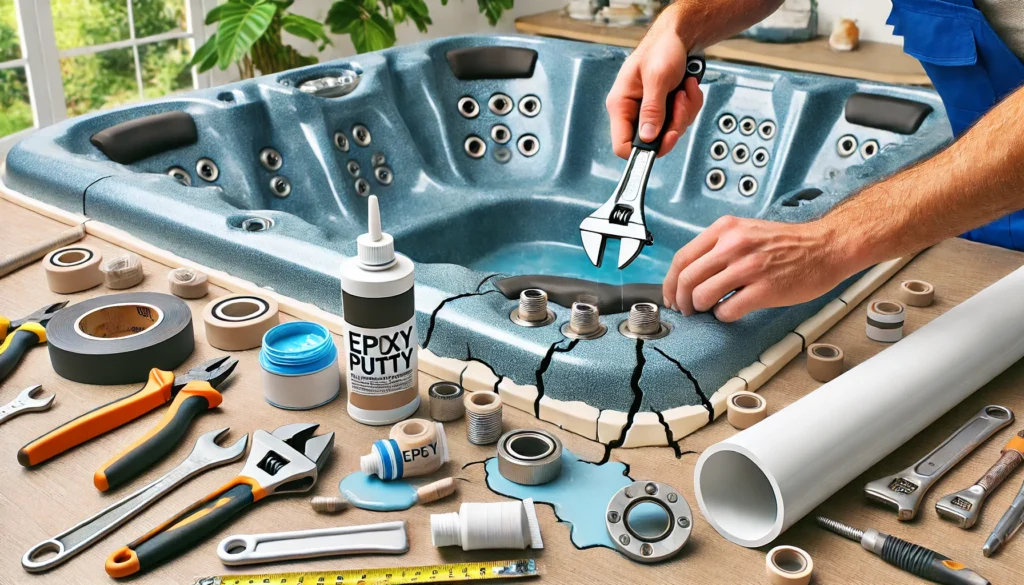 Person tightening loose fittings on a drained hot tub, applying epoxy putty to a shell crack, with tools like a wrench and PVC primer nearby.