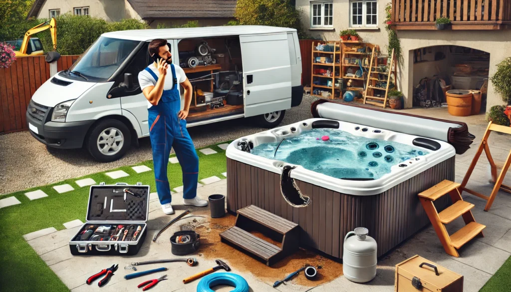 Person calling a professional hot tub technician while standing next to a leaking hot tub with tools scattered and a cracked shell, as the technician's van arrives.